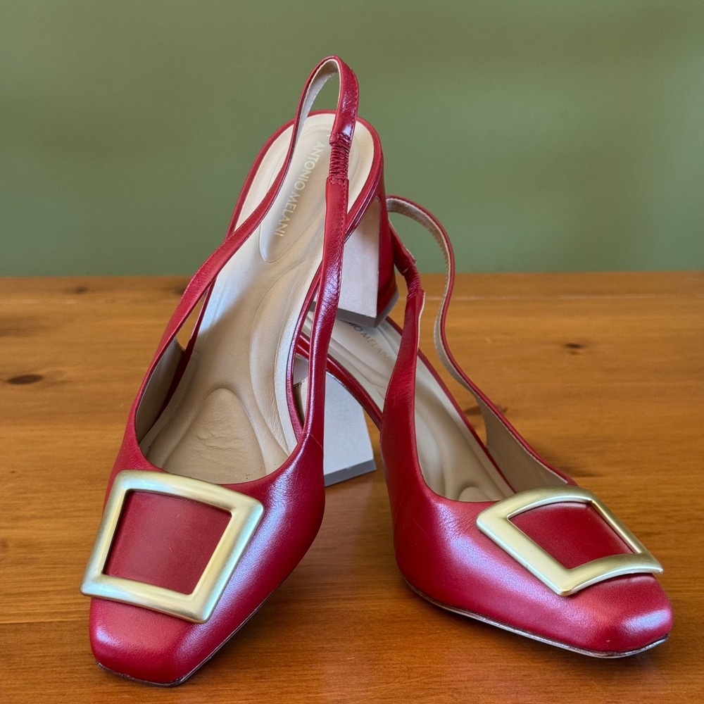 Antonio Melani Red Leather Slingback Block Heel Square Toe Buckle Pumps 7.5M